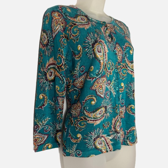 Garnet Hill | 100% Merino Wool Paisley Print Cardigan Sweater - Picture 4 of 13
